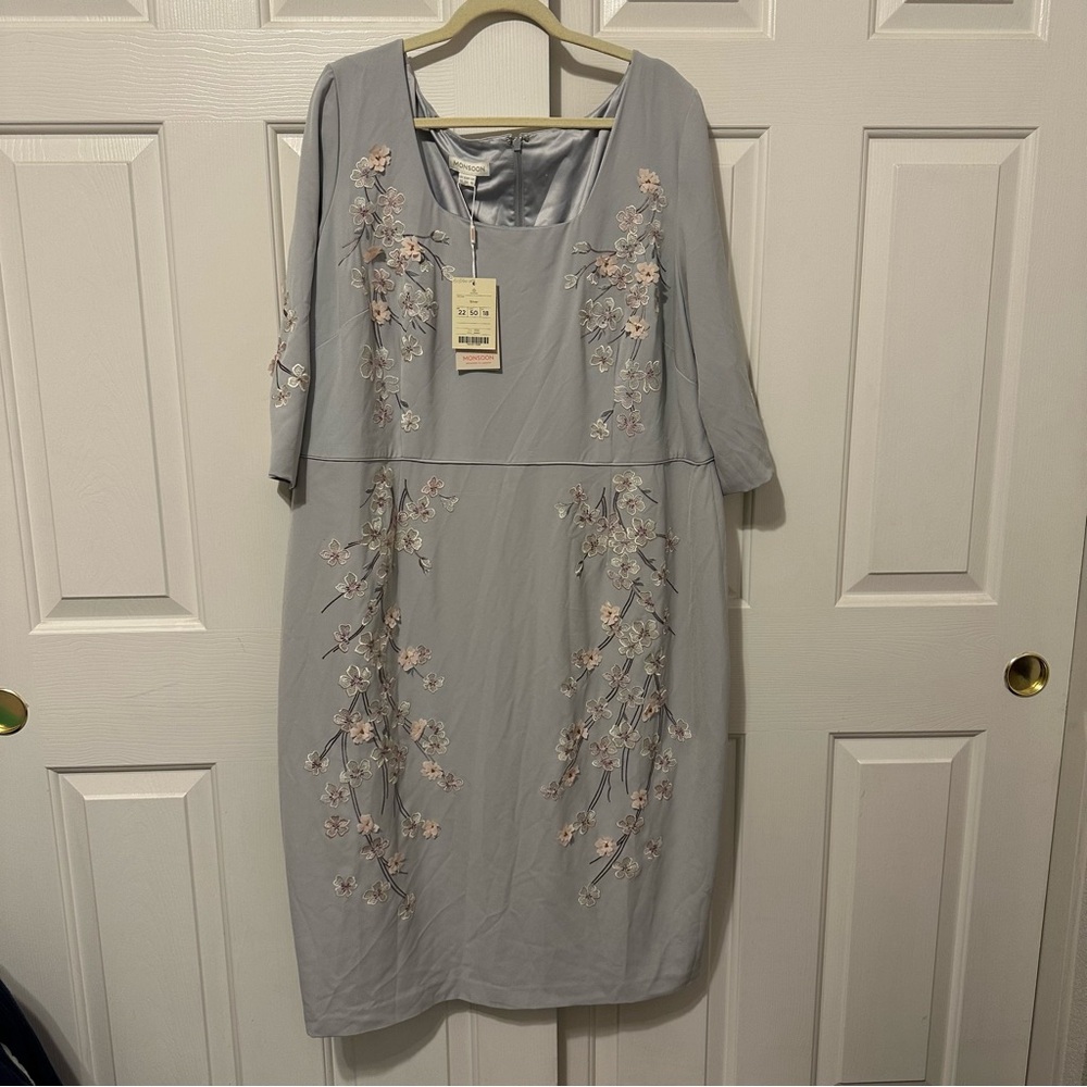 NWT Monsoon Women's Dress Size 18 Blue Floral Embroidery 3/4 Sleeve MOB Wedding